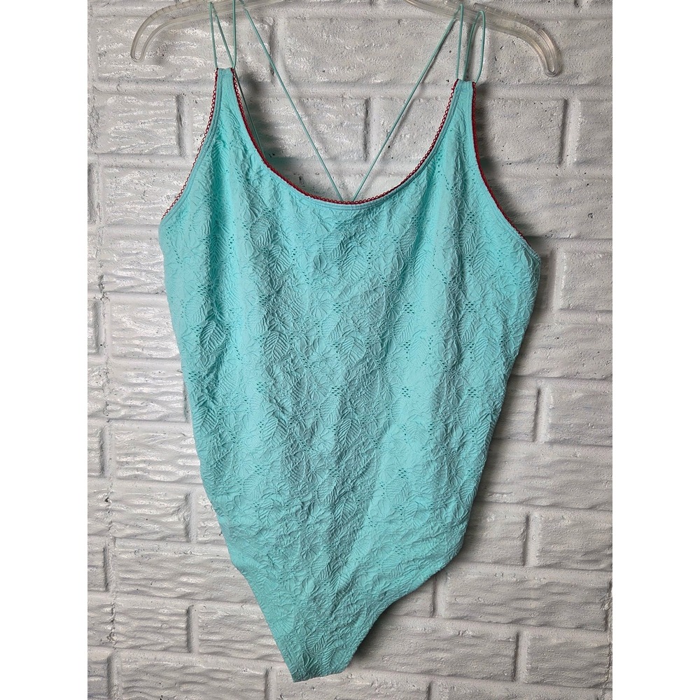 Fabletics Seamless Lace Bodysuit Size 2X Aqua Red trim Nylon Spandex NWT